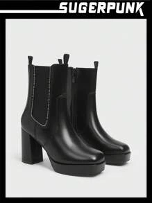 Sugerpunk Women's Fashion Thick Sole High Heel Chelsea Boots - Black - View 2