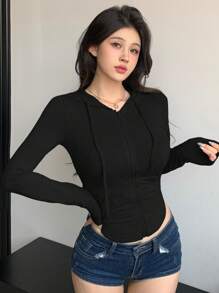 DAZY 女士修身连帽长袖 T 恤，休闲日常穿着运动衫 - 黑色 - 查看 5