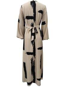 女士全印花翻领系腰长袖连衣裙，春季优雅款 - 彩色 - 查看 4