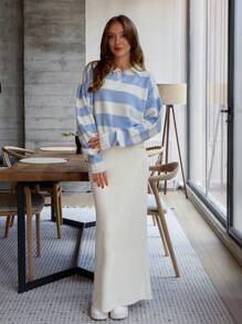 Blue And White Sweater And Maxi Skirt 2 Pcs Set - Blue and White - View 6