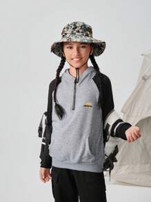 SHEIN 青少年女孩时尚休闲复古图案连帽运动衫，正面带拉链，适合上学、户外、露营、秋冬季 - 淺灰色 - 查看 3