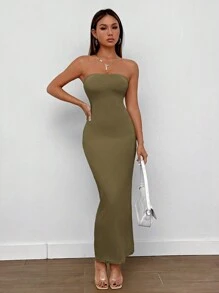 SHEIN PETITE 开叉背筒夏季女装连衣裙 - 橄欖綠 - 查看 3