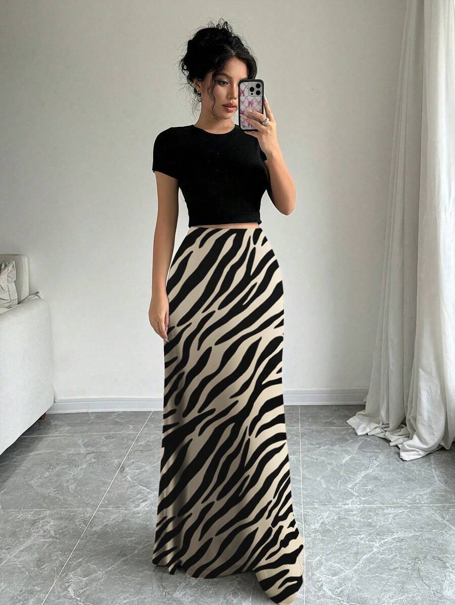 Selianne Chân váy maxi họa tiết da báo thời trang nữ, thích hợp cho mùa hè và mùa thu. - màu đen - Xem 1