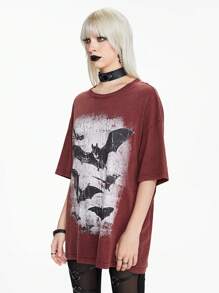 ROMWE Goth Áo thun nữ cổ tròn vai trễ vai cánh dơi in họa tiết hiệu ứng cổ điển giặt tuyết mùa hè - Gỗ đỏ - Xem 5