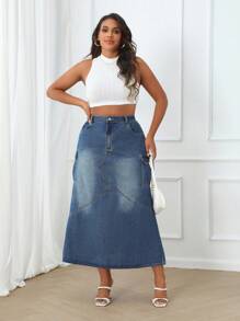 SHEIN Essnce Chân váy denim cài nút cỡ lớn có túi - Rửa tối - Xem 4