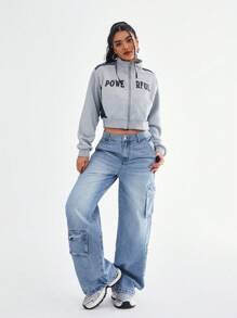 SHEIN EZwear Quần Jeans Denim Thường Ngày Nhiều Túi Cài Nút Phía Trước Đơn Giản Cho Nữ - Màu xanh lam - Xem 5