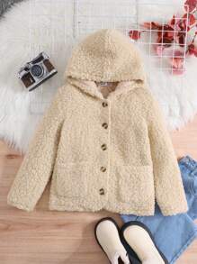 SHEIN Tween 女童休闲纯色针织羊毛连帽开衫 - 杏色 - 查看 5