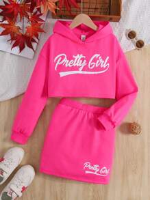 Tween Girl Fashion Street Style Knit Hoodie Sweatshirt And Mini Skirt Set - Red - View 1