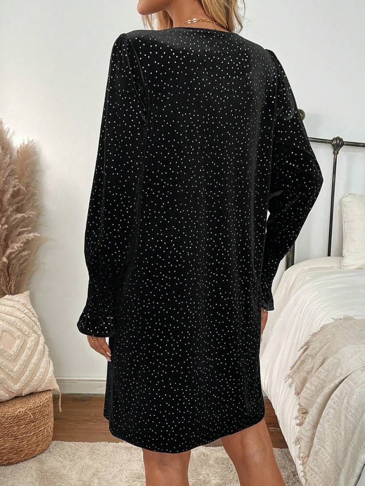 Women's Velvet Polka Dot Print Long Sleeve Short Elegant Dress