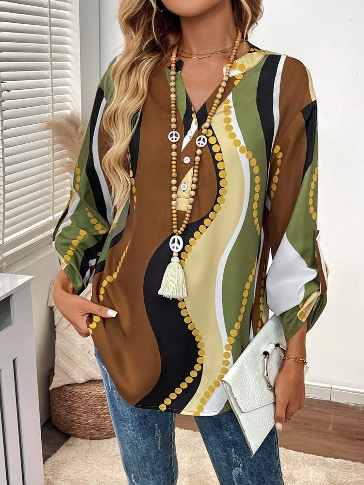 Women's Notched Neck Single-Breasted Printed Casual Long Sleeve Blouse, Autumn