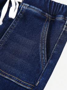 SHEIN Tween Boy Fashion Casual Blue Denim White Drawstring Design Lined Warmth Stretch Jeans For Dailywear And Fall/Winter - Blue - View 6