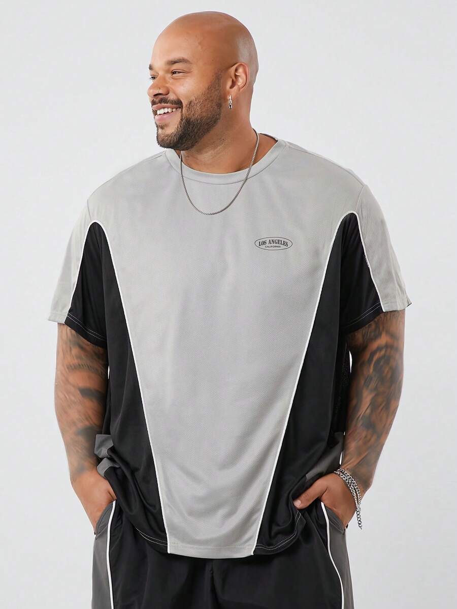 Manfinity VCAY 大码男士休闲拼布针织圆领短袖 T 恤，适合夏季