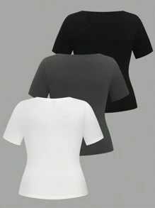SHEIN LUNE Plus Size 3pcs/Set Crew Neck Basic Short Sleeve T-Shirts - Multicolor - View 2