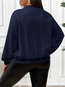 Calvaya Chaqueta de béisbol de manga larga de unicolor para mujer de talla grande, primavera otoño - Azul Marino - Ver 2