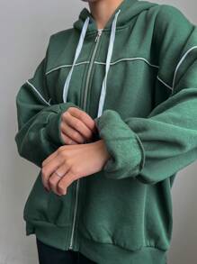 DAZY 女式宽松落肩拼色连帽运动衫，适合休闲穿着，秋冬拉链夹克 - 綠色 - 查看 3