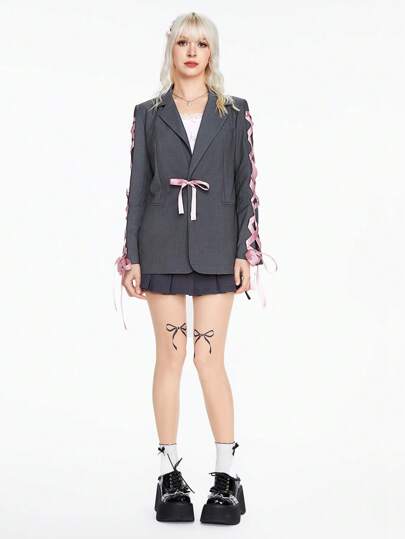 Kawaii Cute Sweetheart Ballet-Inspired Bow Tie Loose Fit Women Blazer Jacket