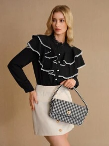 MOTF STUDIO Blouse à volants superposés avec garniture en dentelle contrastante - Noir - Voir 4