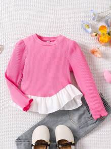 SHEIN Genkimix Kids 年轻女孩T恤，休闲乡村百搭百搭，适合春秋冬 - 玫紅色 - 查看 1