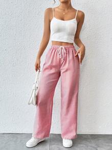 SHEIN PETITE Damen Gerade geschnittene Hose mit Bundschlaufe und Nadelstreifen - Rot-Weiß - Übersicht 5