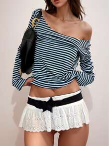 INAWLY Camiseta de manga larga con hombro asimétrico a rayas para mujer, uso casual diario - Azul y blanco - Ver 3