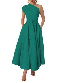 Women Summer Solid Color Sleeveless Slit Hem Dress, Elegant - Green - View 3