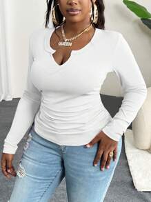 Slaydiva Plus Size V-Neck Basic Ribbed Knit Top, Pink - C