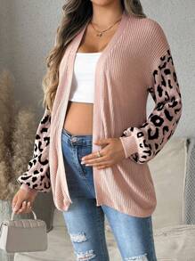 SHEIN Maternity Casual Leopard Patchwork Sweater, Autumn, For Winter - Dusty Pink - View 3
