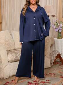 大码纯色开衫长袖睡衣套装 - 藏蓝色 - 查看 5