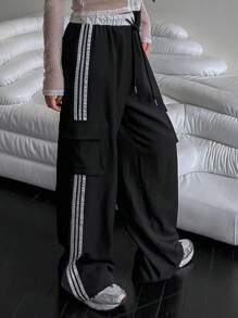 DAZY Pantalones casuales anchos de carga con cordón, mujer, patchwork con contraste a rayas
