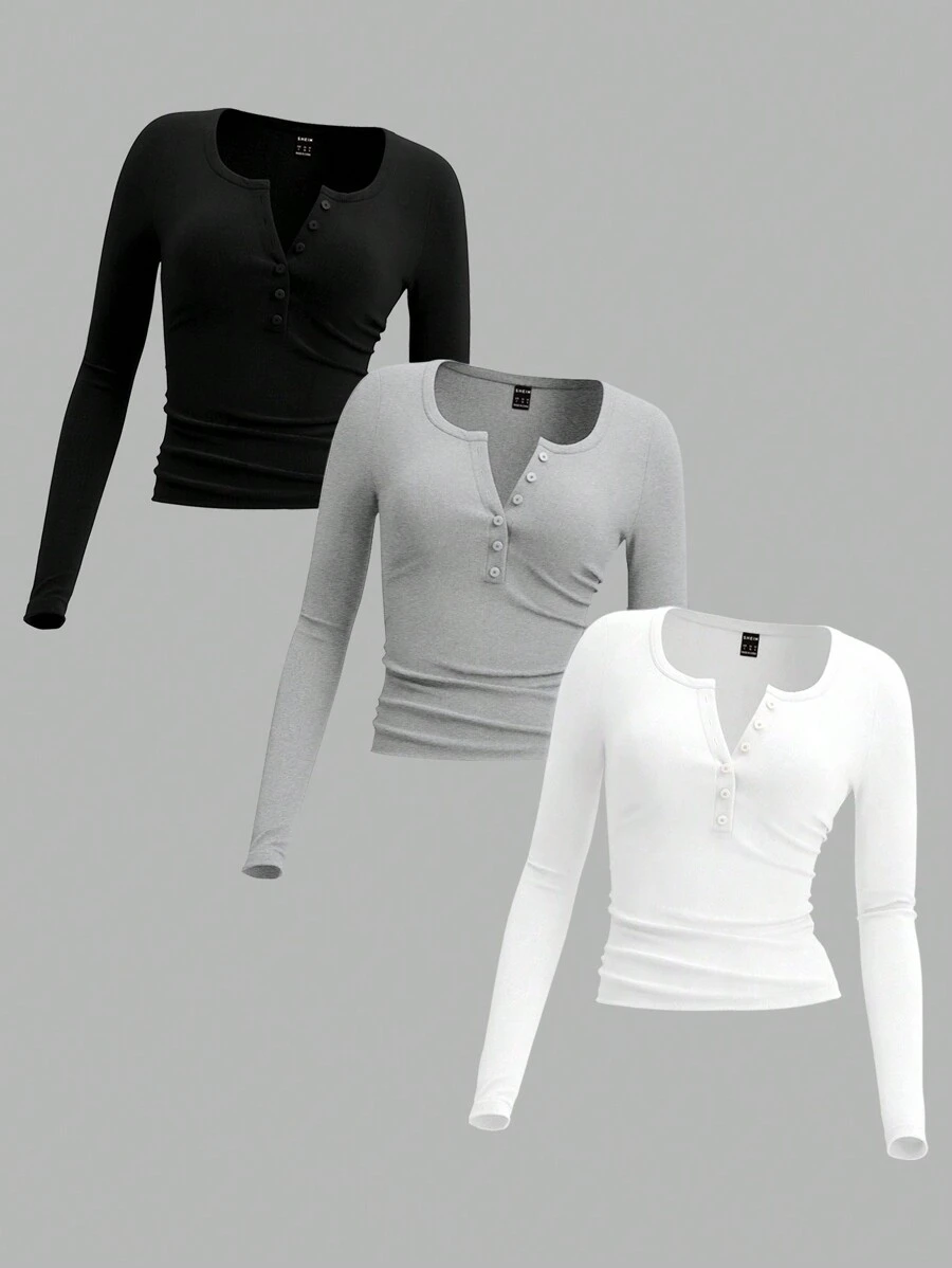 SHEIN EZwear 女士纯色前扣长袖休闲 T 恤 - 灰色 - 查看 1