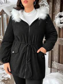 SHEIN EZwear Plus Size Women Black Thicken Fleece Cinched Waist Slim Fit Mid-Length Coat For Winter Thermal