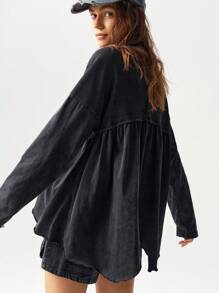 Bohemela 超大度假针织落肩圆领不对称下摆水洗女式 T 恤