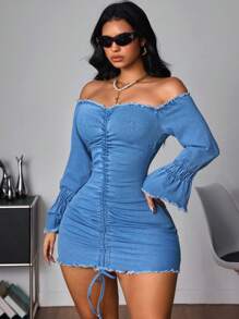 SHEIN ICON 女士露肩长袖荷叶边修身牛仔中长连衣裙 - 藍色 - 查看 4