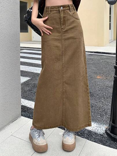 DAZY Women's Casual Long Denim Skirt With Pockets