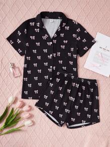 2 Cái/bộ Áo cardigan ngắn tay màu hồng và quần short dành cho nữ sinh tuổi teen Bộ đồ mặc trong nhà thông thường - màu đen - Xem 3