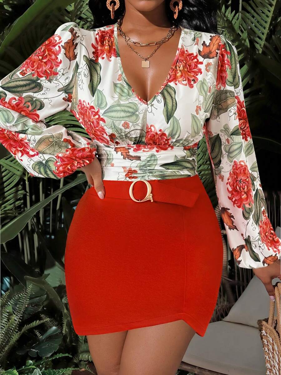 Chiquease 2pcs Sexy Deep V-Neck, Floral Print Long Sleeve Knit Top And Plain Color Midi Skirt With Belt, Stylish And Comfortable Set - Red - View 1