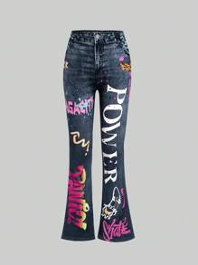Tween Girl Stylish Faux-Denim Effect Letter Print Flared Leggings - Multicolor - View 3