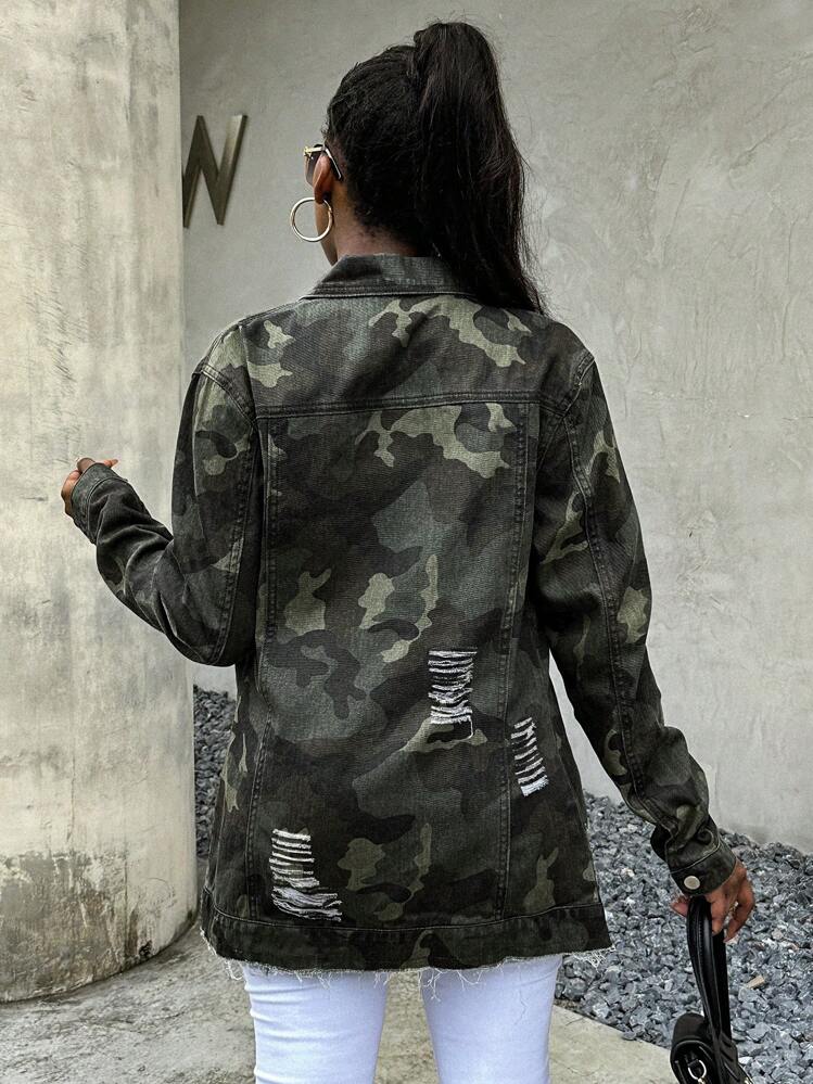 Chaqueta de manga larga con estampado de camuflaje y abotonadura para mujer - Verde militar - Añade 2