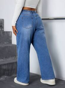 SHEIN EZwear Plus High Waist Straight Leg Jeans - Medium Wash - View 2