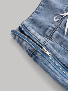 SHEIN MOD Women Lace Patchwork Bowknot Decor Denim Mini Skirt