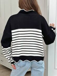 EURMUSE Women Stripe Pattern Mock Neck Drop Shoulder Pullover - Black - View 3
