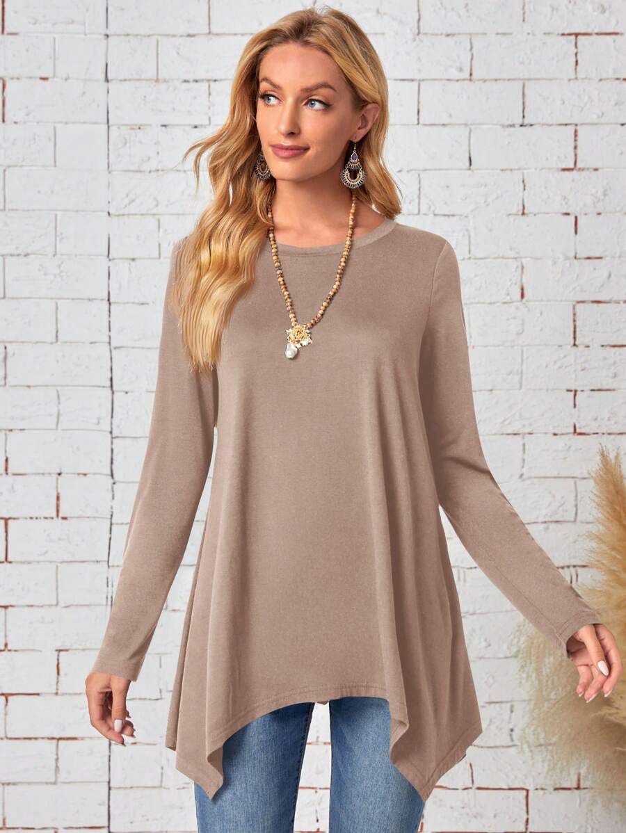 EMERY ROSE Women's Casual Solid Color Asymmetrical Hem T-Shirt, Spring Autumn - Apricot - View 1