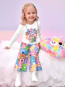 SHEIN X Care Bears Young Girl Colorful Sweet Stack Bear Print Loose Fit Flame Retardant Sleepwear Pajama Set, Including Long Sleeve Top And Pants