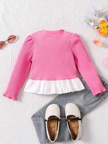 SHEIN Genkimix Kids 年轻女孩T恤，休闲乡村百搭百搭，适合春秋冬 - 玫紅色 - 查看 2