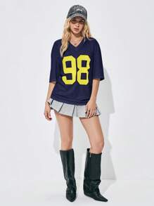 SHEIN Unity 女式超大字母印花网眼棒球插肩 T 恤图案 T 恤女式上衣