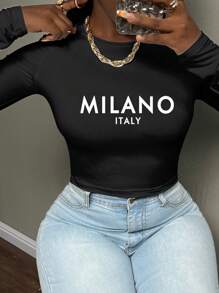 Slaydiva Áo thun nữ tay dài cổ tròn in họa tiết Milano bó sát, phù hợp cho mùa xuân và thu - màu đen - Xem 1
