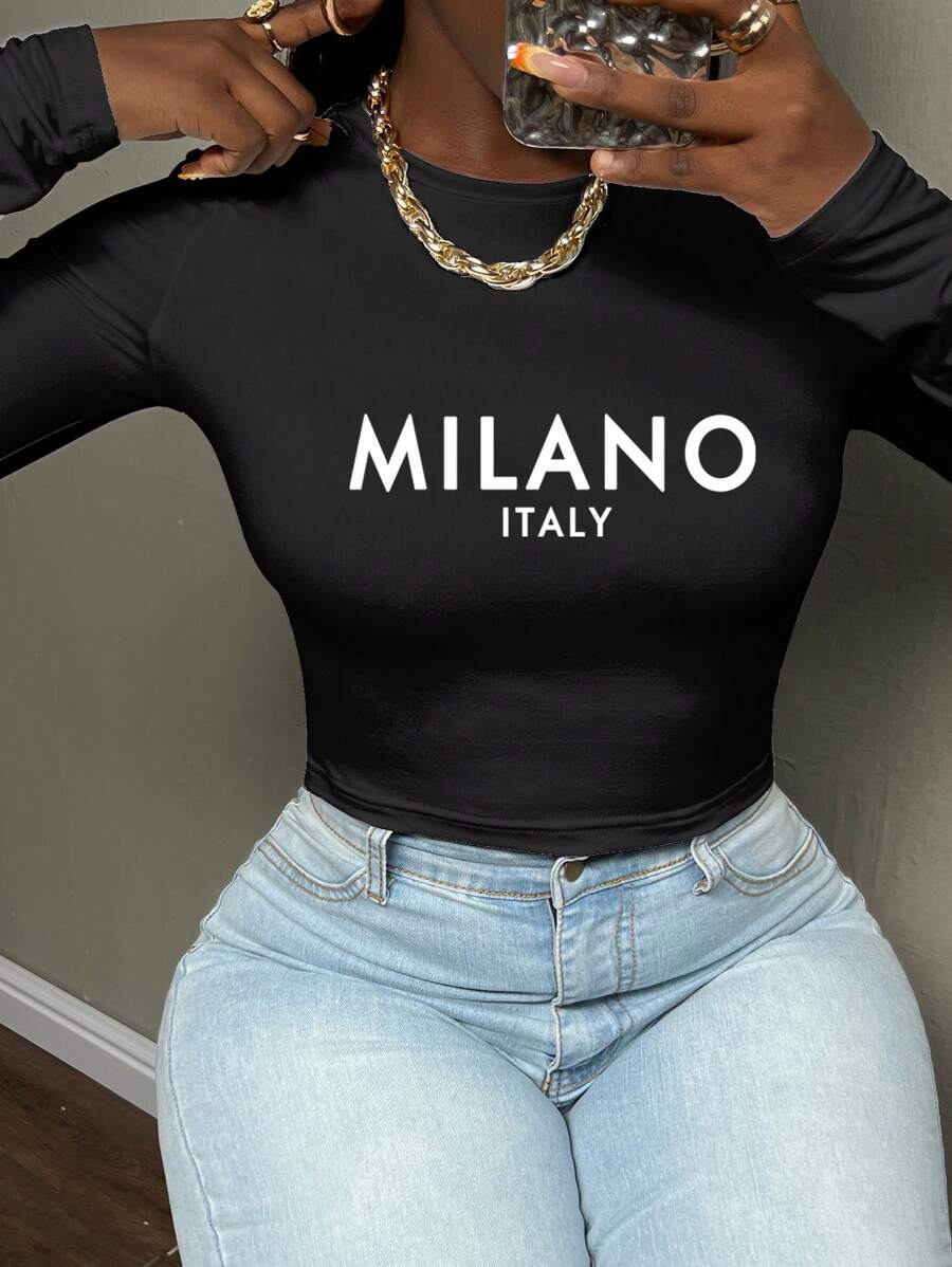 Slaydiva Áo thun nữ tay dài cổ tròn in họa tiết Milano bó sát, phù hợp cho mùa xuân và thu - màu đen - Xem 1