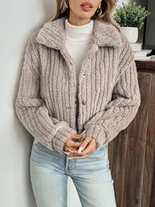 SHEIN LUNE 女士休闲优雅保暖抓绒翻领纽扣外套，适合秋冬季节机场旅行 - 摩卡棕 - 查看 5
