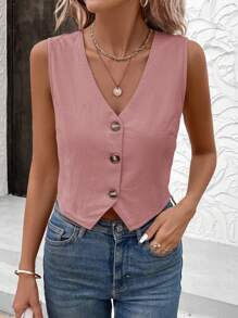 SHEIN LUNE Blusa tipo chaleco con diseño de botones delanteros y cuello en V de unicolor para dama de oficina - Rosa vieja - Ver 8