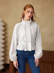 SHEIN MOD Veste court ample pour femme col montant, manches raglan, boutons de cochon, élastique réglable